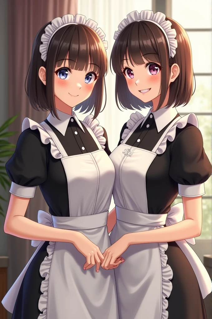 Two sexy girls dressed as reserved maids, with nice service women's clothing, two girls smiling