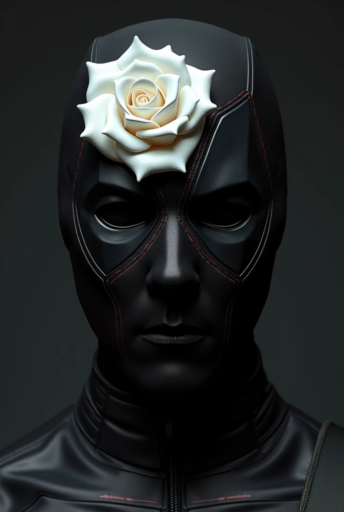 Make me a mask model based on black with a white rose on it for a presentation like Deadpool a bit