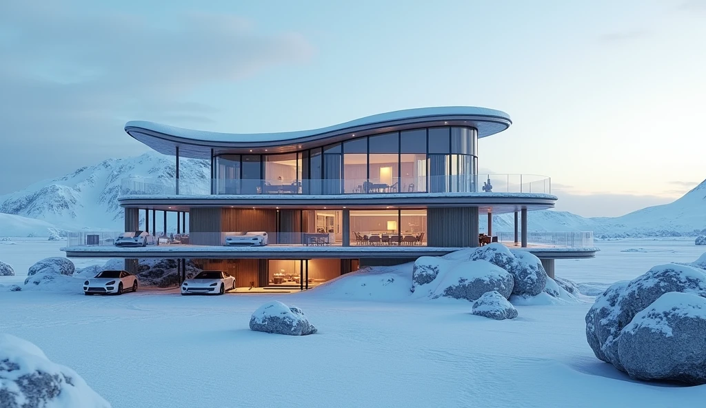 You create a hotel base in the Arctic with multiple floors: the first floor is garages with luxury cars, the second floor is pub, and the third floor is bedrooms, kitchens and a balcony etc & so on. Place an image on one side and a plan of the base on the other.