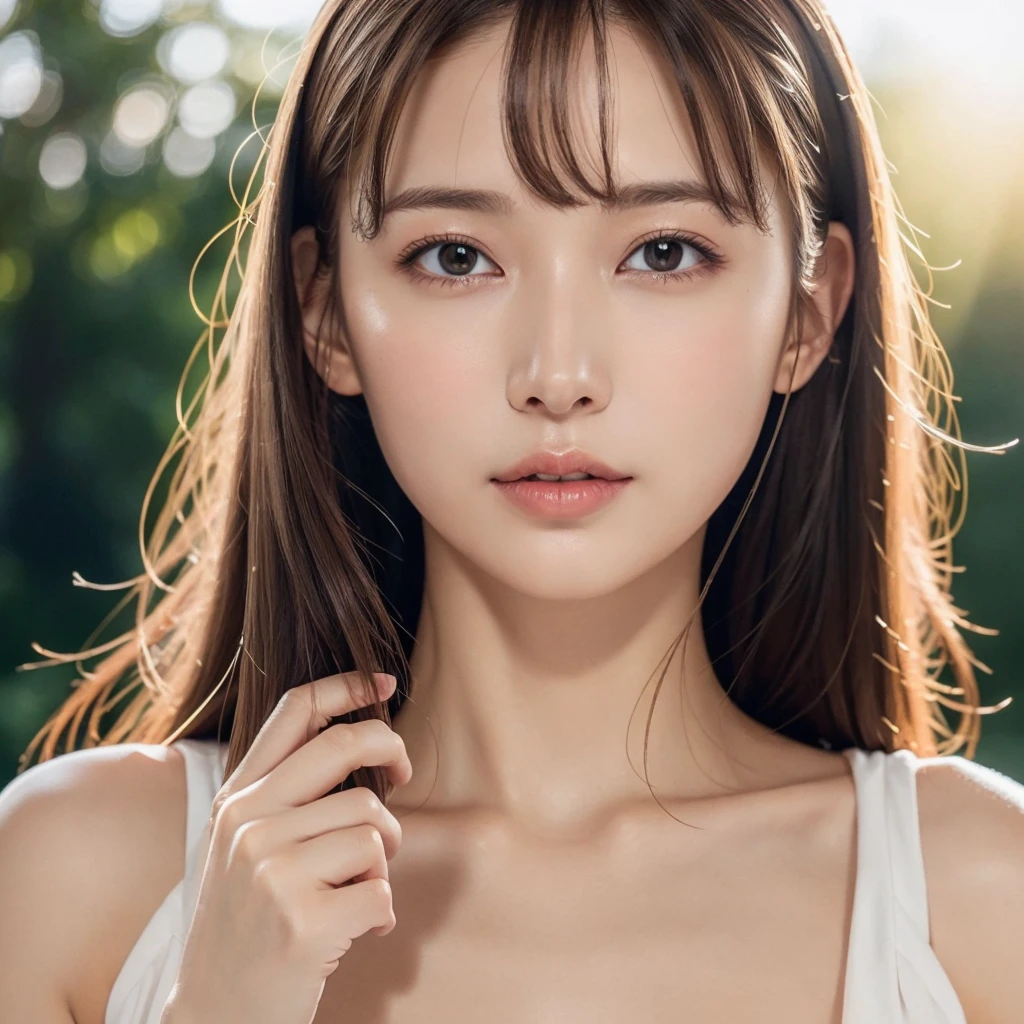 1 Female, Close-up of face, Beautiful, Backlight 、Autumn sunset, Backlight, Autumn color knit sleeveless top 、Slim figure, Big Breasts, beautiful, Show off your sexy neck and collarbone by putting your hair up. 、Shiny, Sexual skin 、Medium chest, Light brown hair, Blunt bangs, Hair behind the ear, Hair that falls over the shoulders, Long Hair, Slim figure, Ultra delicate lips, beautiful目, Light blush, eyes are light brown, Perfect glowing skin, Perfect Skin, Very thin fingers, The optimal ratio is four fingers to one thumb, (Realistic:1.3), First Person View, Super Detail, high quality, 最high quality, High resolution