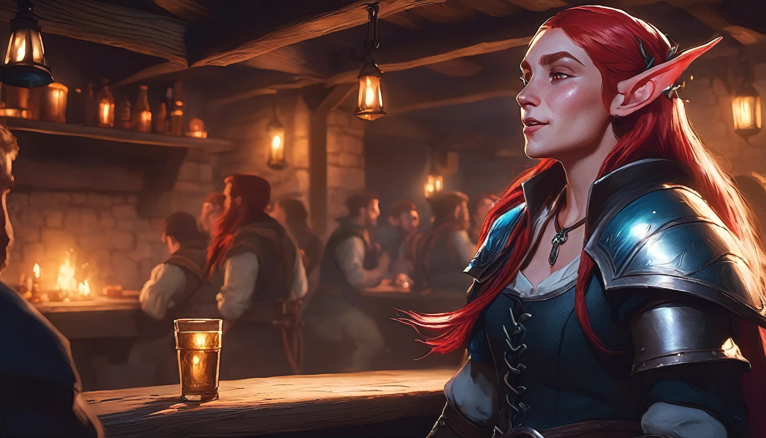 close up of a red haired elf singing in a tavern, MEDIEVAL STYLE,high fantasy RPG style, League of Legends-inspired art style, dynamic poses, detailed facial features, cinematic lighting, vibrant colors, dramatic atmosphere, gritty realism, masterpiece, best quality, ultra-detailed, VALORANT
