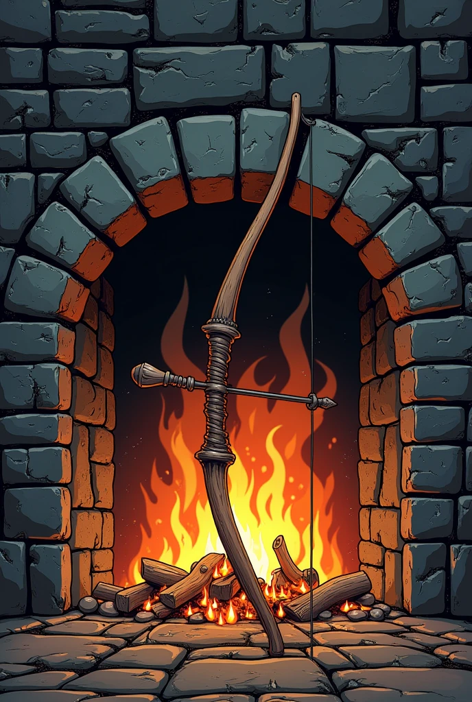 Create a scene of a medieval hunting bow burning lying in a comic book style fireplace, with slightly gloomy colors

