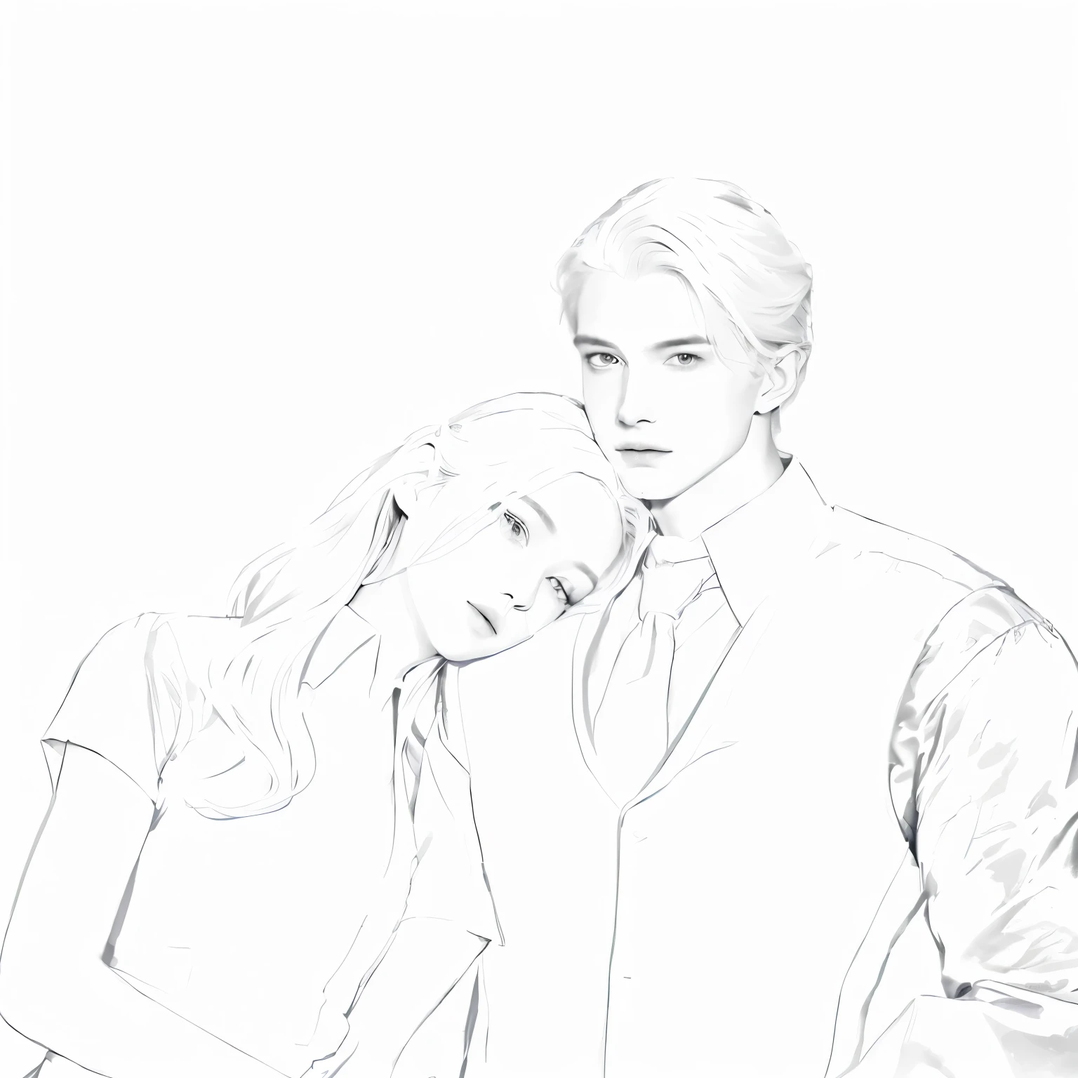 Painting of a man and woman in formal attire standing side by side., Charlie Bowater and RJM, Portrait of Edward and Bella, Edmund Blair และ Charlie Bowater, Outline sketch, Couple poses, perfect straight line, In the art form of the pond, Charlie Bowater style, in Charlie Bowater style, Charlie Bowater's Art Style