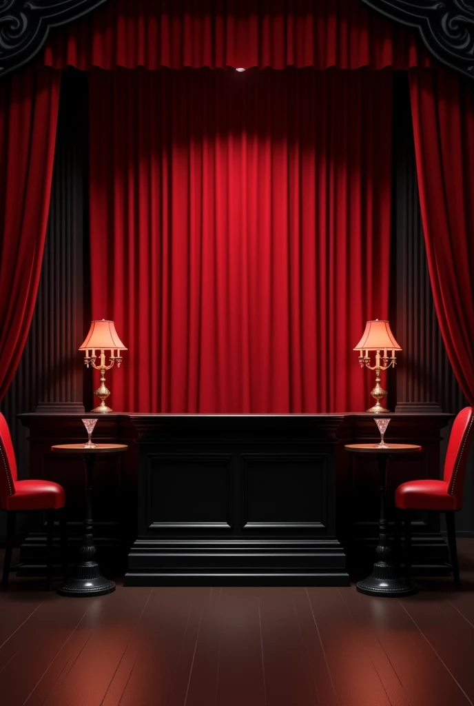 No palco da Broadway, um bar no estilo vitoriano em tom de vermelho e preto, apenas um balcão no centro com duas mesas uma na esquerda e outra na direita, candelabros e luminárias estilo vitoriana