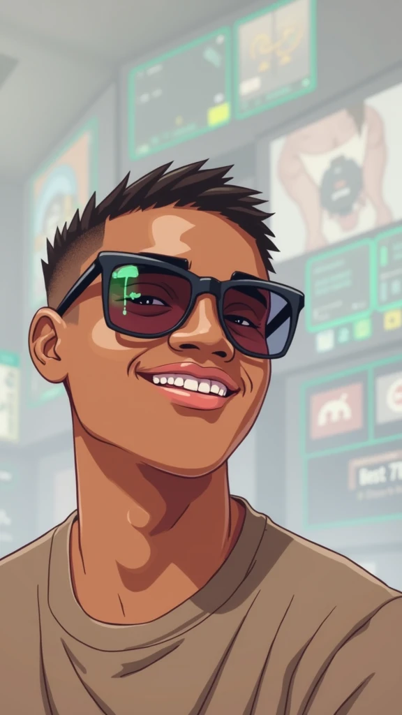 I want a background with screens and green and blue LED lights, and in the middle there is a dark-skinned 18-year-old boy in a black t-shirt sitting in a desk chair with his back to the screens in cartoon style and the image is 1024 * 576 pixels in size