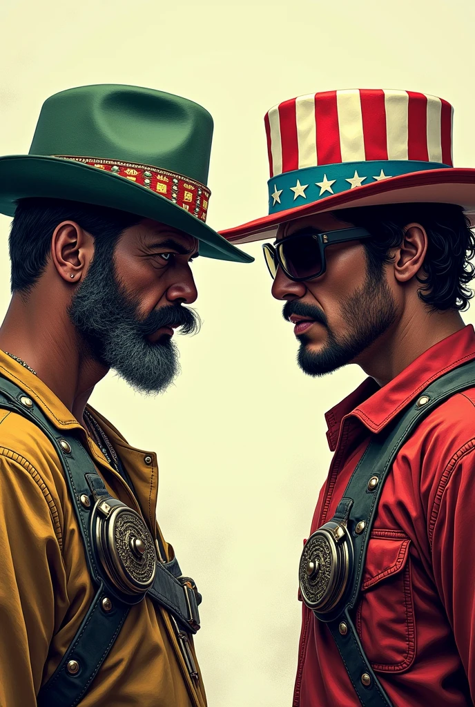 create a cell phone that has Mexican-style gun belts and a big mustache that threatens another cell phone that has a hat in the colors of the United States flag and has dark glasses
