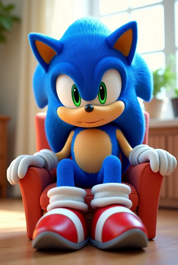 Sonic solo, looking at viewer, smile, 1boy, full body, sitting on chair, looking at viewer