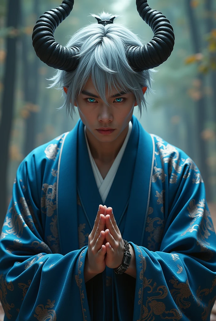 A 30 year old Asian man with bright blue eyes with beautiful gray hair with horns, and sharp claws on his big hands, with blue Irotomesode with oni details.