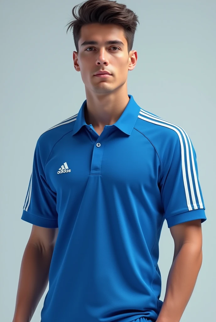 basic blue shirt, with adidas stripes on the shoulder