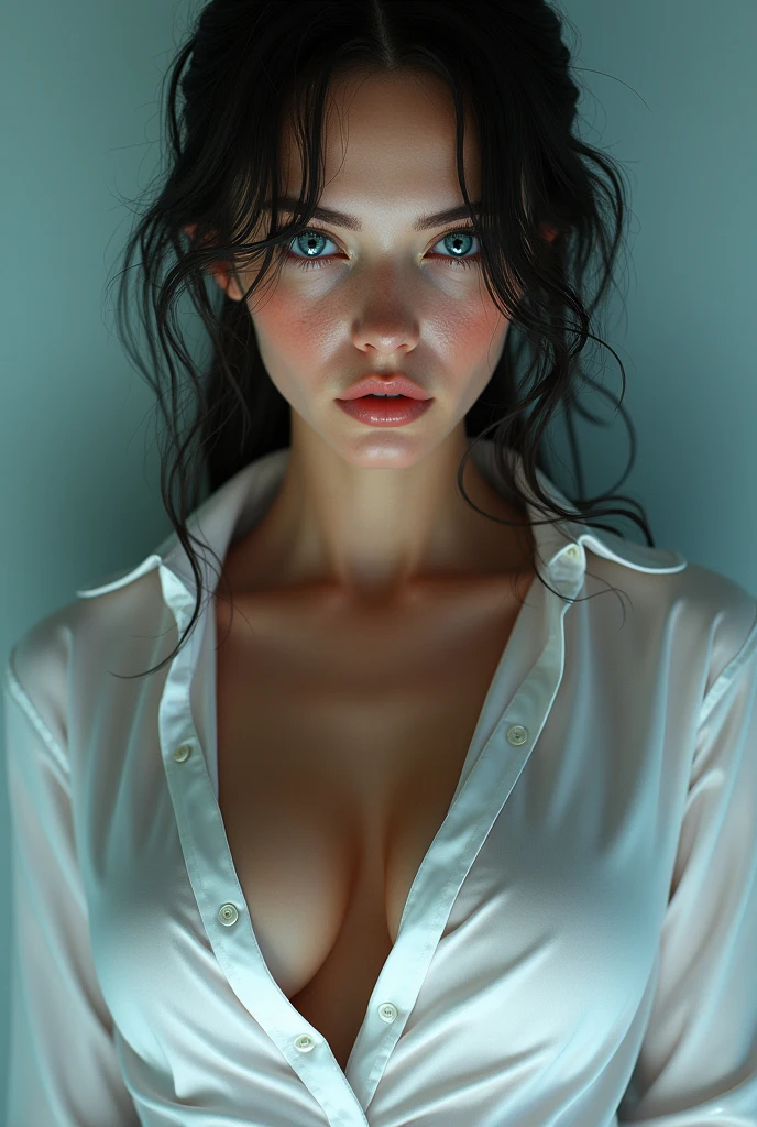 超A high resolution,masutepiece,Best Quality, ,perfect glossy shiny skins,Perfect Lighting,Detailed Lighting,Dramatic shadows,Ray tracing, 1girl in,Upper body,Wet White Button Up Shirt,Looking at Viewer, off shoulders, Big breasts, Exposed cleavage, Blue eyes, Sharp face, Sharp eyes,  Cyberpunk