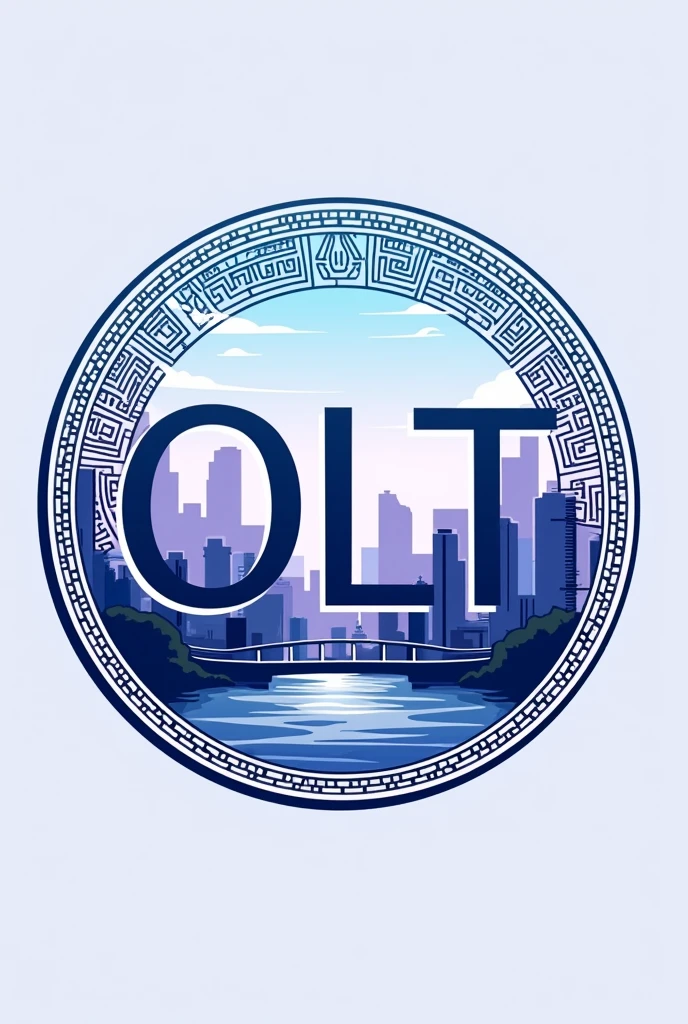 Create a Travel Company Logo, with the initials OLT highlighted, with blue and light purple colors, with a very detailed circle around the initials and with a background of cities
