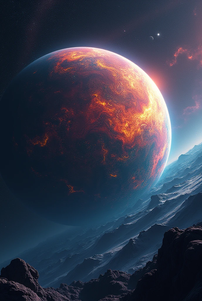 A shot out of the orbit of an alien planet. The planet is vibrant with intricate colors and texture including land and sea. Millions of stars and few planets and nebulas are scattered on the black space. Realistic, hyperrealism, high resolution, extreme quality, sharp details, 4k hdr