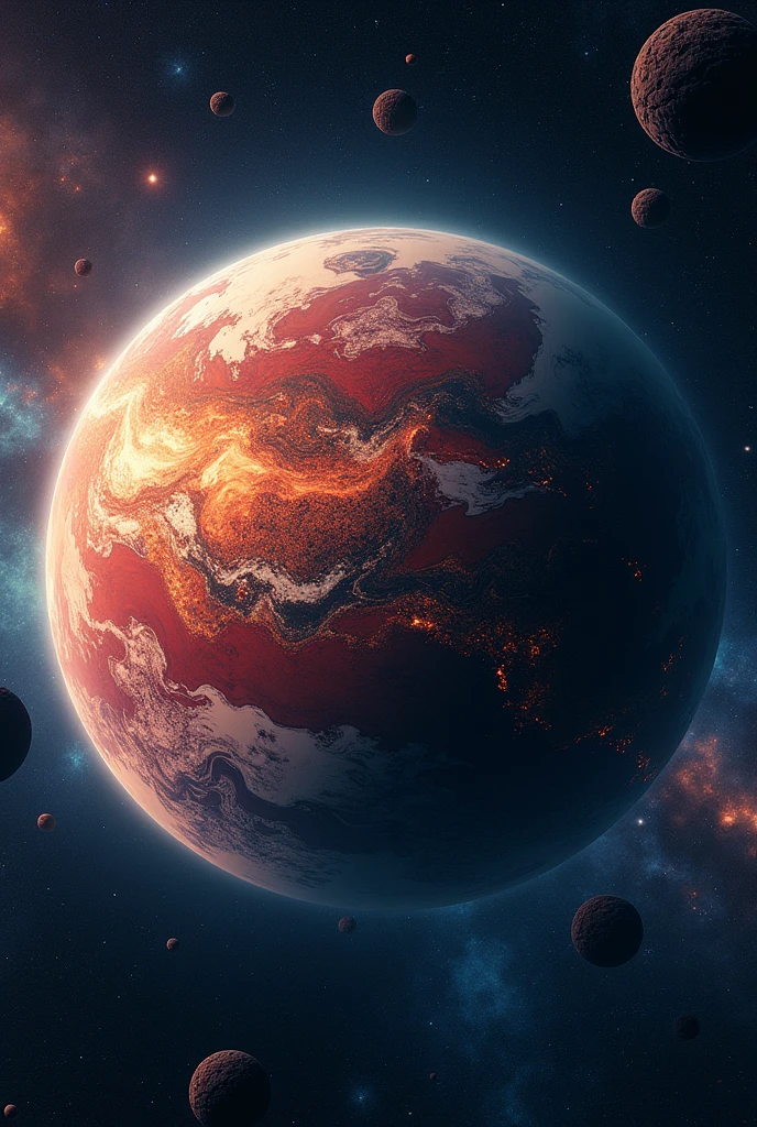 A shot out of the orbit of an alien planet. The planet is vibrant with intricate colors and texture including land and sea. Millions of stars and few planets and nebulas are scattered on the black space. Realistic, hyperrealism, high resolution, extreme quality, sharp details, 4k hdr