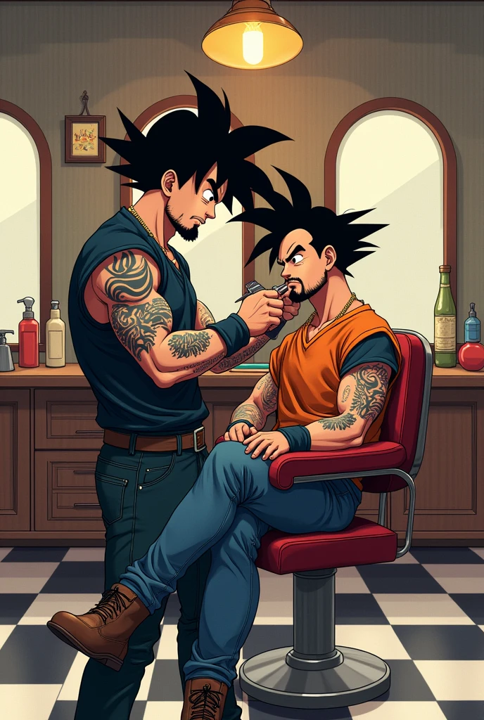 Goku with goatee in trendy clothes cutting Johan's hair in a classic barbershop with tattoos with a classic drawing