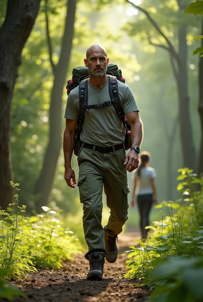 38 year man, slim, walking in forest, day, sun, shaved shape and head, brown eyes, tourist equipment, girl far in the background