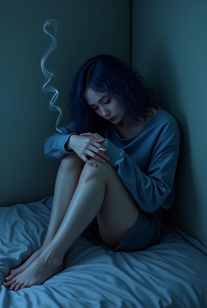 Image of woman with medium curly blue hair, decadent smoking sitting on a mattress on the floor leaning against the corner of the wall in a shoegaze vibe in a dark room with her head down, generate with depressive blurry image.