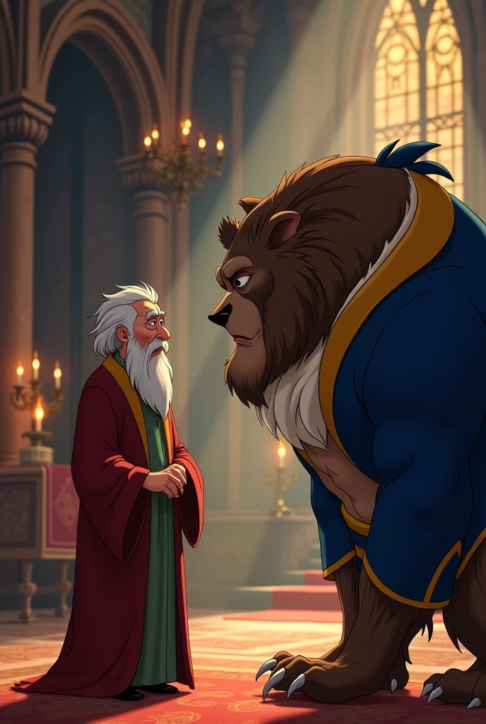 Make an animated old man talking to the beast from Disney's Beauty and the Beast in his castle