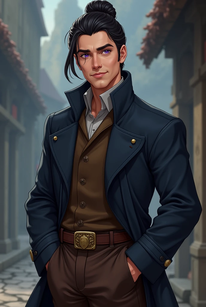 crie um homem, he's a wizard, he has his hair in a bun style, make it in the art style of dungeons and dragons VOX MACHINA from critical role create it with a friendly and calm face, he has no beard and is just a 24 year old adult, don't do it in a childish way, I want you to make this art in the same animation style they use in the Vox Machina animated series on Amazon Prime., make it more realistic, do it in the same style as baldur's gate 3, he has dark purple eyes, he wears a dark blue overcoat, he has a brown coat under his coat, He wears brown pants, make him have a slightly more adult face, but without any beard, create in the art style of the series "invincible"
Make him with a mature face Don't make him that young way like he's a cartoon , he is a grown man Do exactly this same art, but in a more realistic way, such as the official arts that Dungen and Dragons posts on their social networks and in their books More realistic He is not old