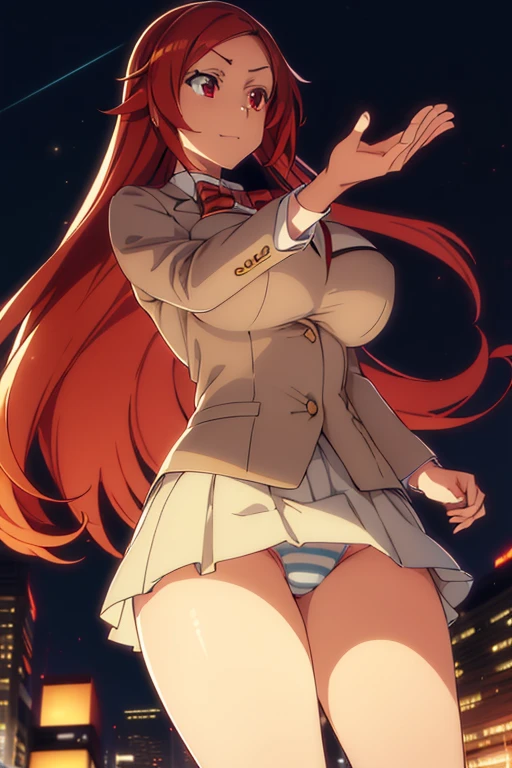 Orihime Inoue, Orihime Inoue, Long Hair, Golden Hair, (Red eyes:1.5), Take off your uniform, blazer, ribbon, ネックribbon, bow, bow tie, 赤いbow, グレーのblazer, Grey Skirt, Looking at the audience, break (Tabletop:1.2), Highest quality, High resolution, unity 8k wallpaper, (figure:0.8), (Beautiful attention to detail:1.6), Highly detailed face, Perfect lighting, Highly detailed CG, (Perfect hands, Perfect Anatomy),Laughing with your mouth open、(Skirt Lift:1.3), (Blue stripe々panties:1.3)、(Roll-up skirt:1.3)、(丸見えのpanties:1.5)、Plein Air、outside of home、(Big Breasts:1.3), (Big Tits:1.3)、(Naughty thighs:1.3)、Plein Air、blue sky, High contrast shiny oily skin,, Huge long breasts,