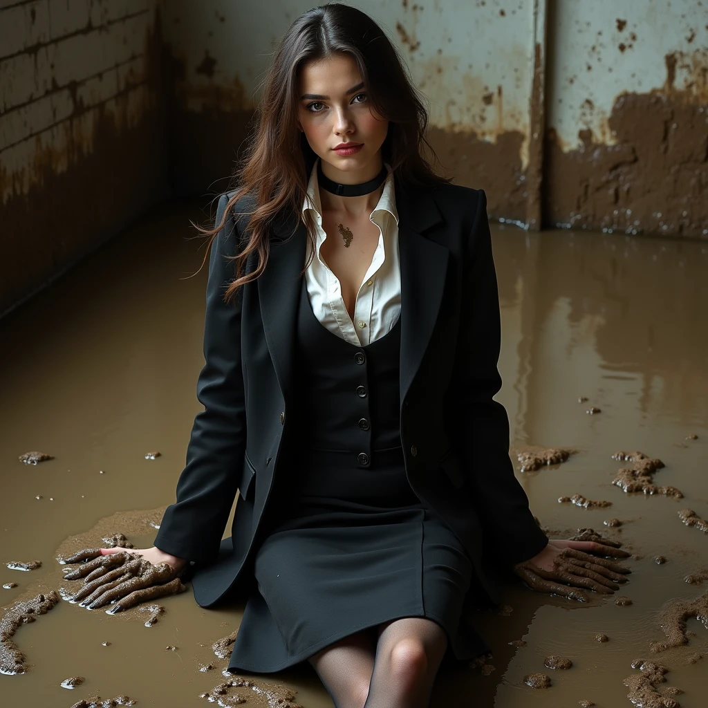 A realistic photo of one slender business lady, model-like appearance with long hair. She is dressed in long black business pencil skirt made from cotton fabric, black business jacket made from cotton and wool fabric. black business vest, white muddy shirt, stockings, black choker on the neck. She located in very muddy and flooded office. She sitting in flirtatious and modest pose on backs or sides on the floor and mired in dirty water and liquid mud, all her clothes are stained with liquid mud and ice cream, she smears liquid mud and ice cream over her clothes( black business pencil skirt, jacket, vest, shirt, stockings), face, hair from head to toe. Her clothes completely covered in liquid mud and ice cream. The studio light brilliantly illuminates all her clothes in details, casting small shadows and emphasizing the texture of the liquid mud, ice cream on her clothes. View angle of the camera from top and left from the business lady.