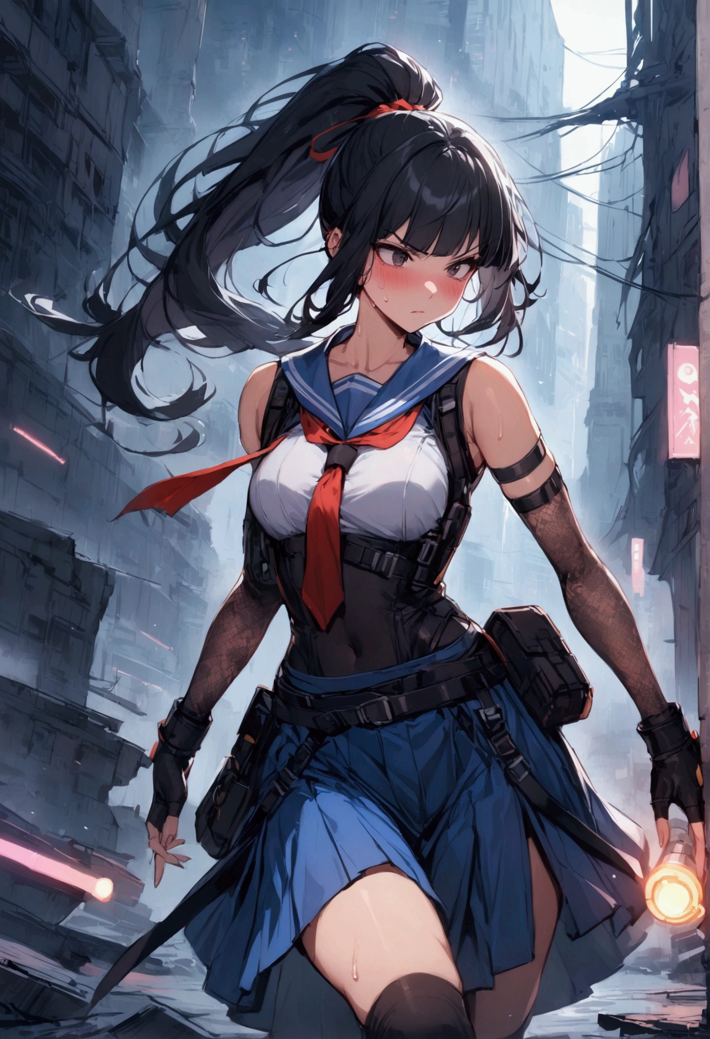 1girl solo, {{action}},Detective Sailor Suit,A little cyberpunk style,sailor-fighter, Dynamic composition,{{fight}},{{masterpiece}}, {{{Highest quality}}},{{Very detailed}},Tucked Out Sailor Uniform,white Sleeveless sailor suit with long length with red tie ,Refurbished Uniforms ,{{long Arm Cover}} , blue skirt high socks holster ,Fight, Dark ruins,{{v-shaped eyebrows}},Bad mood,blush,Sweat,raise one's eyebrows ,Black hair Long hair,Blunt bangs ,black armlet ,black belt , female ninja, japanese clothes Lace-patterned arm cover, ,ponytail, cyberpunk ,Black fingerless gloves
