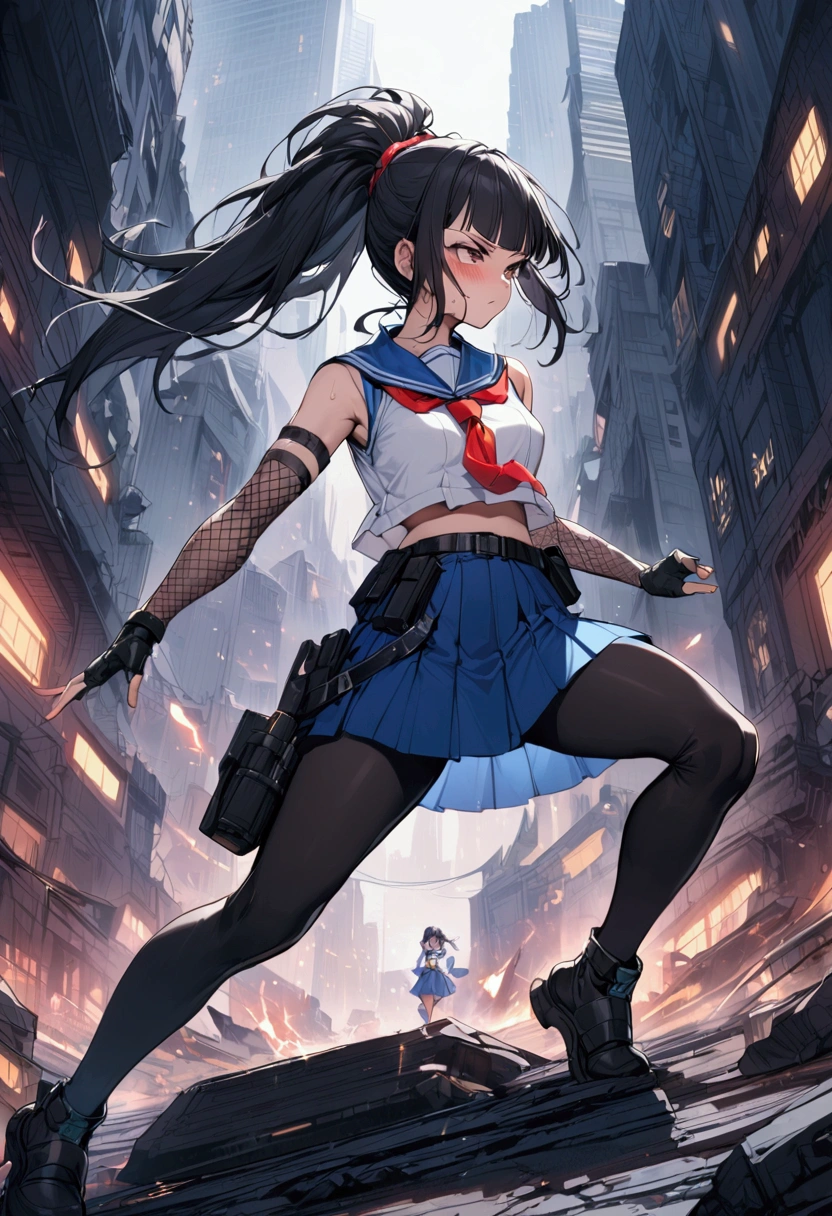 1girl solo, {{action}},Detective Sailor Suit,A little cyberpunk style,sailor-fighter, Dynamic composition,{{fight}},{{masterpiece}}, {{{Highest quality}}},{{Very detailed}},Tucked Out Sailor Uniform,white　Sleeveless sailor suit with long length　with red tie　,Refurbished Uniforms ,{{long Arm Cover}}　, blue skirt　high socks　holster　,Fight,　Dark ruins,{{v-shaped eyebrows}},Bad mood,blush,Sweat,raise one's eyebrows　,Black hair Long hair,Blunt bangs　,black　armlet　,black　belt　 , female ninja,　japanese clothes　Lace-patterned arm cover,　,ponytail,　cyberpunk　,Black fingerless gloves