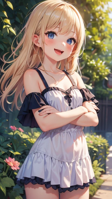 Highest quality, Ultra-detailed, Data Fashion, One Girl(8-year-old),Beautiful girl,Laughter, Arms crossed, Platinum Blonde Hair, Los Angeles,Flat Chest,Perfect limbs,The morning sun shines