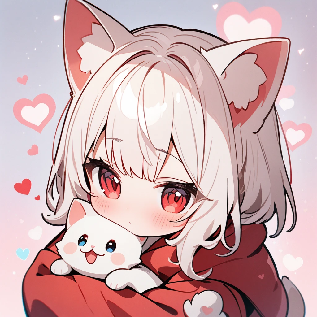 Top quality, masterpiece, high resolution, 8K, chibi character, white hair, girl with animal ears, red eyes, red muffler, hugging a cute cat, heart background
