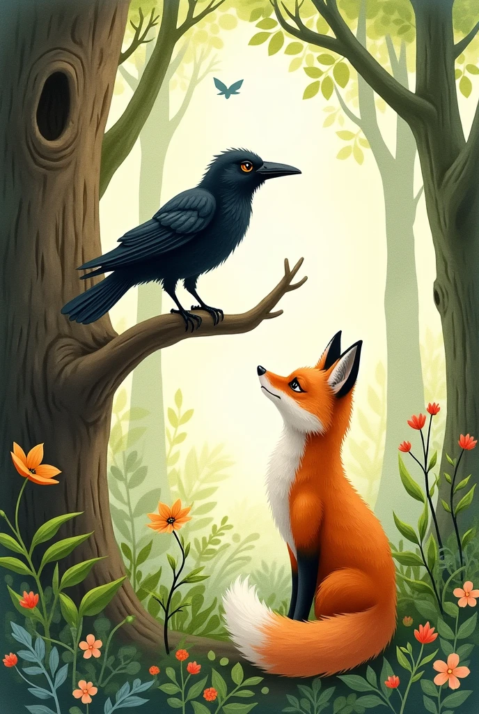 create a watercolor picture of a crow and a fox in the forest