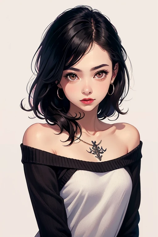 ((best quality)), ((masterpiece)), (detailed), 1girl, off-shoulder sweater, black hair, shoulder-length hair, brown eyes, matte pink lips, black hair, left-shoulder tattoo,  body, small chest, slight teasing, slight smile