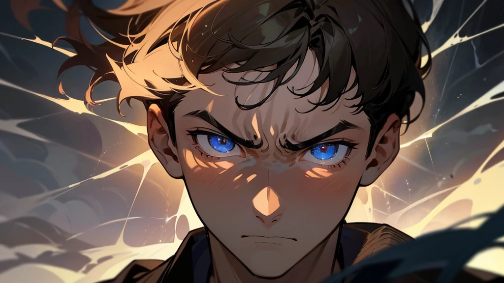 Close-up of a 16-year-old boy’s face, showing confusion and frustration. His expression is intense, with furrowed brows and clenched jaw. The background is a dark, turbulent storm with swirling colors and lightning, blending with the dark tones to enhance the mood of distress and confusion.