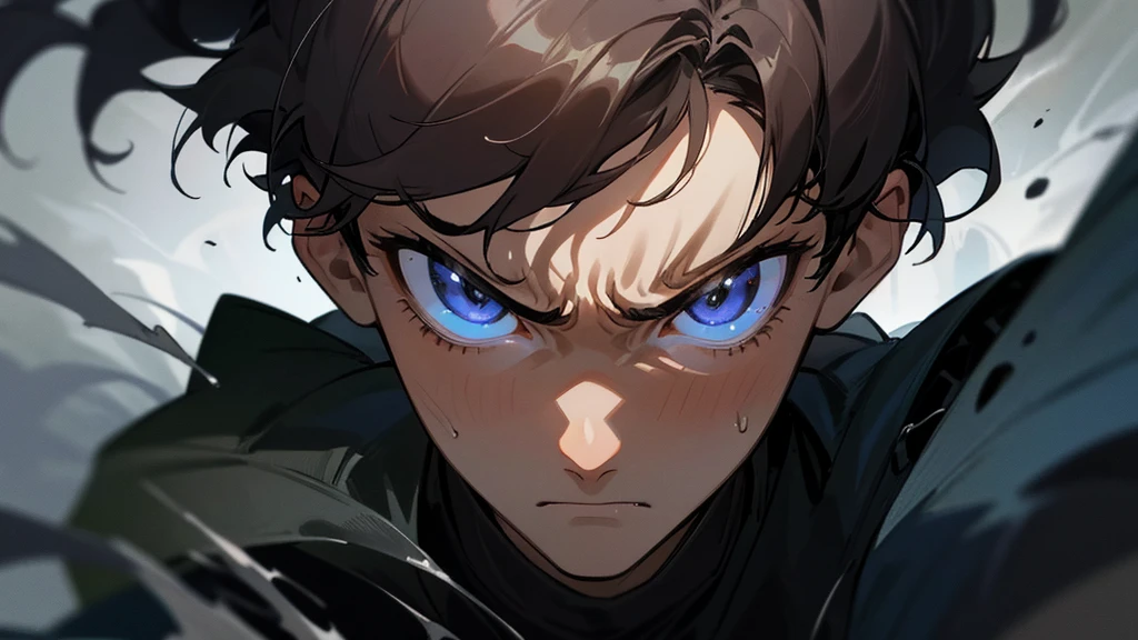 Close-up of a 16-year-old boy’s face, showing confusion and frustration. His expression is intense, with furrowed brows and clenched jaw. The background is a dark, turbulent storm with swirling colors and lightning, blending with the dark tones to enhance the mood of distress and confusion.