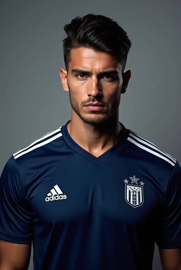 dark blue shirt, with adidas stripes on the shoulder football