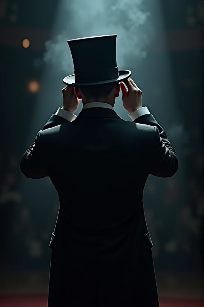 The back of a magician holding his hat