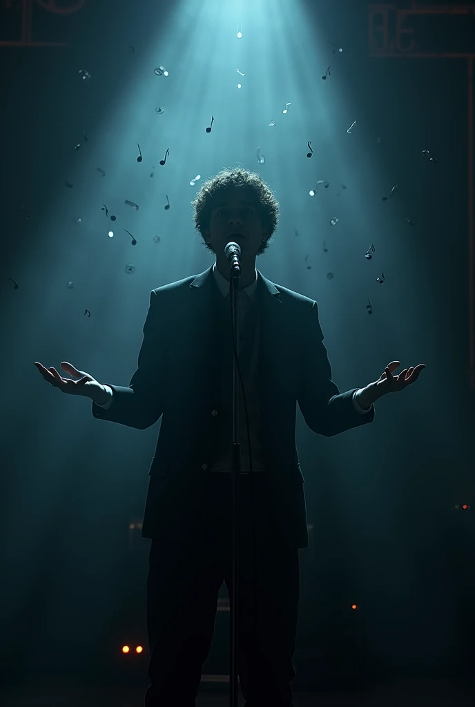 microphone in hands and musical notes in a dark room

