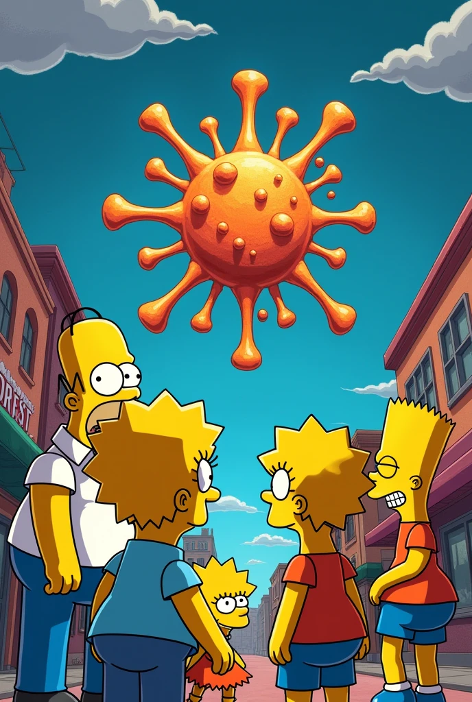 Create a Simpsons image with virus symbol, make the virus symbol more detailed, and finally make it look like the Simpsons predicted the virus