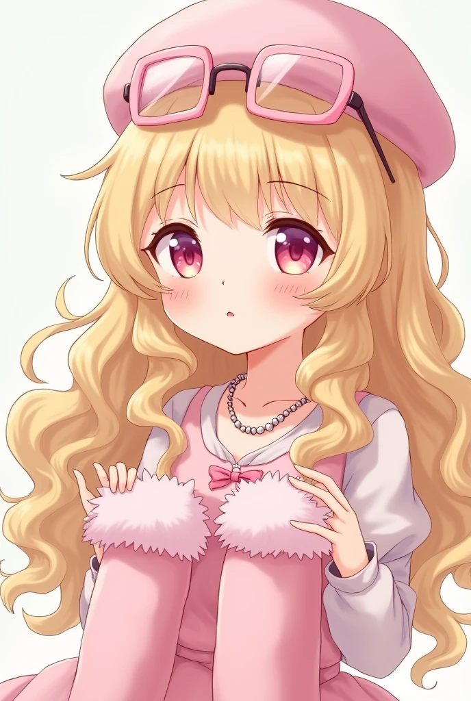 An anime woman with long curly blonde hair with pink glasses on her head wearing a pink beret and pink leg warmers in her hand and pastel pink clothes with necklaces and a cute expression