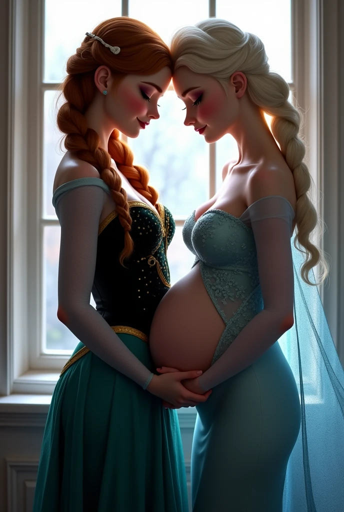 A stunning portrait of Anna holding Elsa, Elsa is pregnant, holding her belly, young and beautiful, hyper realistic, real portrait, backlit, exquisite features, cleavage, sexy, seductive, window, natural light, soft light