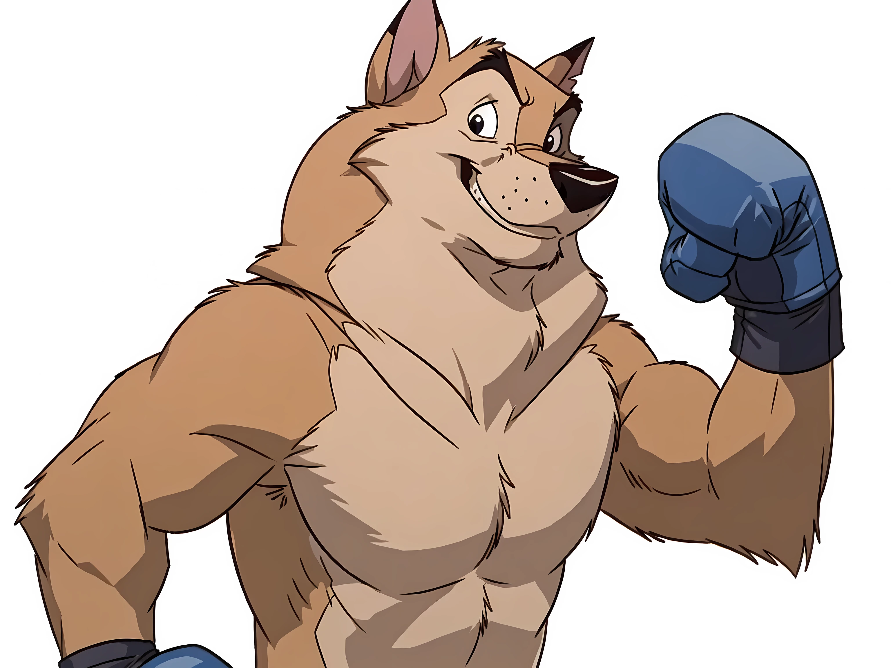 kaltag (balto), detailed, detailed face, detailed eyes, anthro body, black lineart, black outline, male, muscular body, black eyes, cartoon shading, cel shaded:1.0, confident, proud, smile, front view:1.1, boxing shorts, (wearing boxing gloves, detailed boxing gloves):1.1, (no background, white background):1.5, bare chest, by wfa, by negger