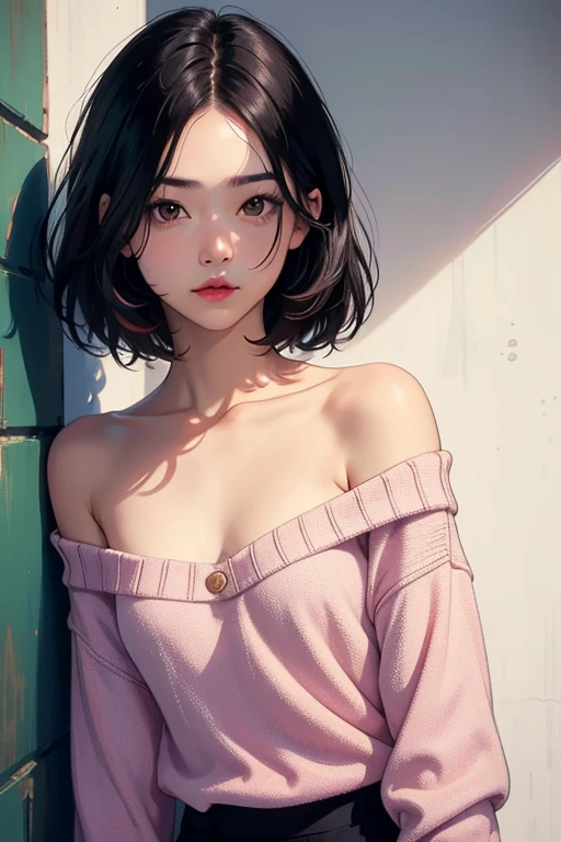 ((best quality)), ((masterpiece)), (detailed), 1girl, off-shoulder sweater, black hair, shoulder-length hair, brown eyes, matte pink lips, black hair, left-shoulder tattoo, body, small chest, slight teasing, slight smile
