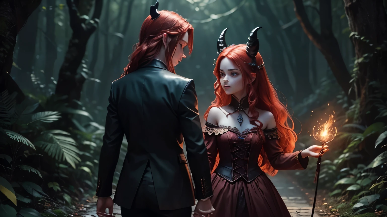 A whimsical fantasy scene featuring a boy and girl demons holding hands in a dark, enchanted forest. They have fiery red hair and long, flowing locks, with playful expressions and detailed features. The atmosphere is vibrant yet shadowy, illuminated by magical sparks around their hands. Their outfits are dark-toned, adorned with intricate accessories, and they sport small devil horns and curled tails. The background is mysterious, enhancing the dynamic interaction between them, evoking a sense of wonder and adventure.