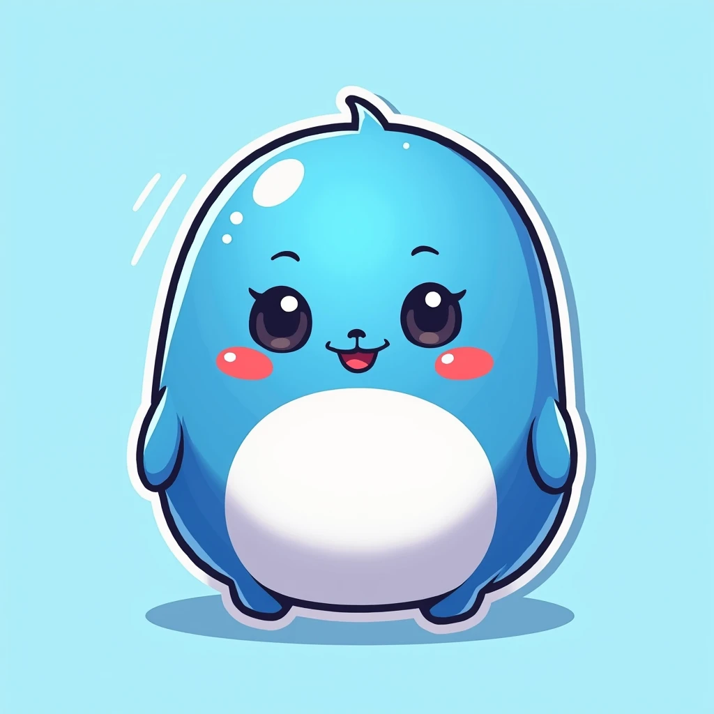 China blue Quby stickers , blue background , cute , red cheek , standing