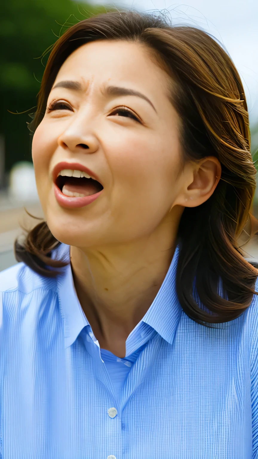 (Realistic:1.5), Browsing Caution, masterpiece, Ultra-high resolution, Very detailed, Bust up shot、Big Breasts、Shouting loudly、Japanese women, wonderful, Elegant long hair details, Mature Woman, 40 years old、 ((Realistic skin texture: 1.1)), (Fine wrinkles that appear all over the skin: 1.1), (Dullness: 1.1), (Unmoisturized skin: 1. 1）、（Facial wrinkles：0.9）、 （Wrinkles around the eyes：1.1）、double eyelid、Lower eyelid furrow、（Tears：0.9）、Off-the-shoulder tops, mouthを開けて舌をmouthから突き出します, Long exposed tongue, Detailed teeth, Detailed tongue expression, Long tongue tip, A gaze that looks up at the viewer, Looking down on your subject from above, Expression of fine eyes, Focus precisely on your audience, The look of surprise when sausages are stuffed into a target;mouth、