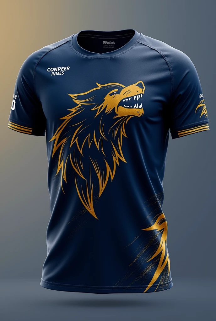I need a shirt for the interclass with the color navy blue and gold, where there is a wolf in the corner of the shirt. Name on the back of the shirt and the number in white
