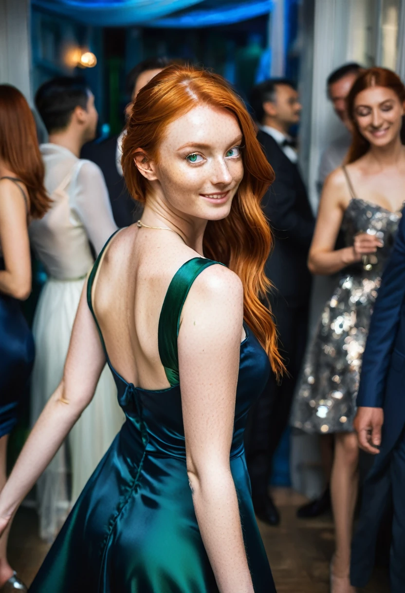 Young red-haired woman, beautiful green eyes. long ginger hair. Short A-line strap dress made of shiny dark blue satin, Tights, 项链, transparent lip gloss, narrow building, Pretty, 2, Full body photo, long legs, Satin top, dancing at a party, looks stunning. is enthusiastic. In the background are wedding guests