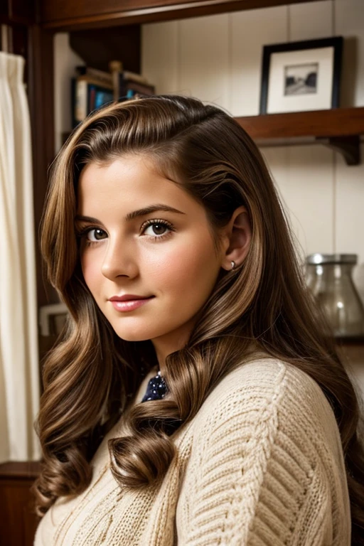 Medium view, of young aged, 16 year old, mom, gilf, milf, face portrait, jewish features, long hair, brown hair, 1940s hair style, 1940s clothing, in cozy home,