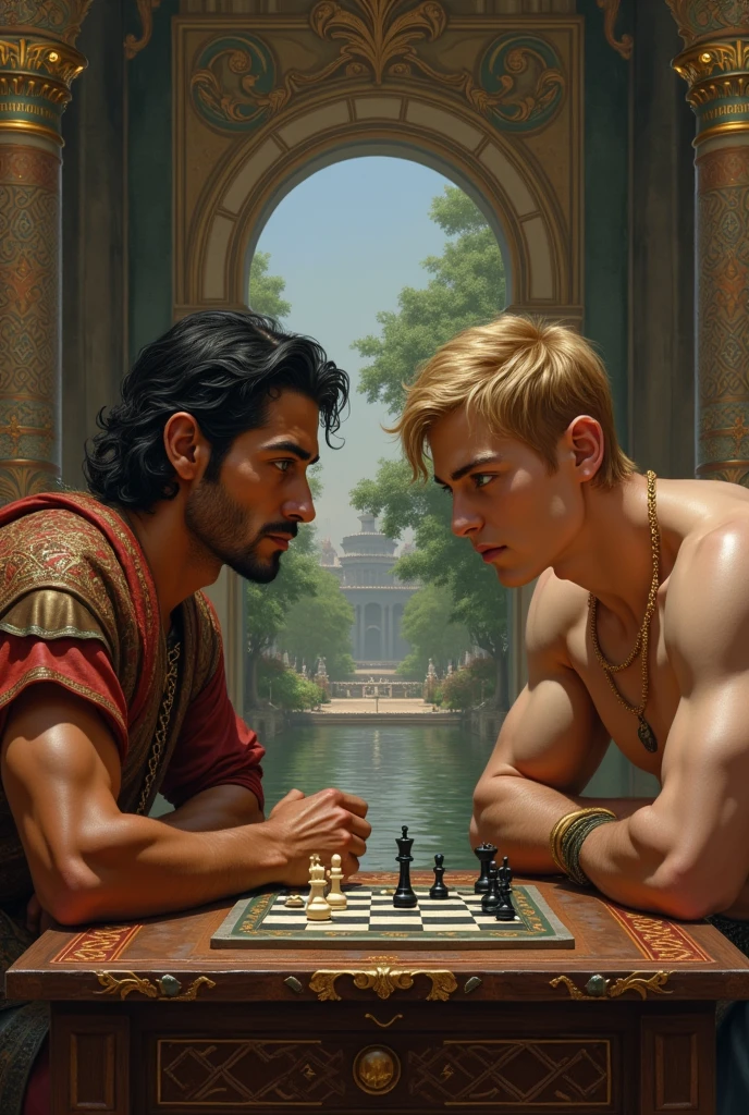 baroque painting+muslim_art fullbody portrait, an arabian prince, cinnamon skin green eyes, wavy black hair, thin face, slender toned body, body hair, beautiful face, next to a young viking, blond, blue eyes, muscular beautiful face, strong, masculine perfect proportions, white skin innocent look, both men focused playing chees dynamic movement composition in the background large arabian room large window to see the river and the garden