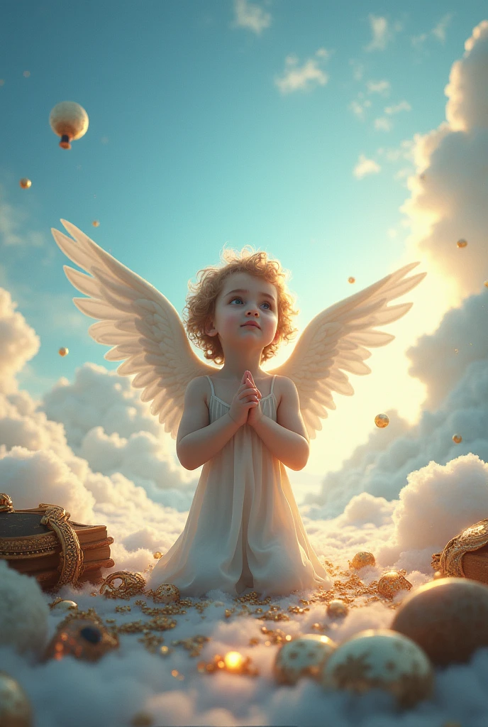 Create a wingless child praying in heaven with treasures