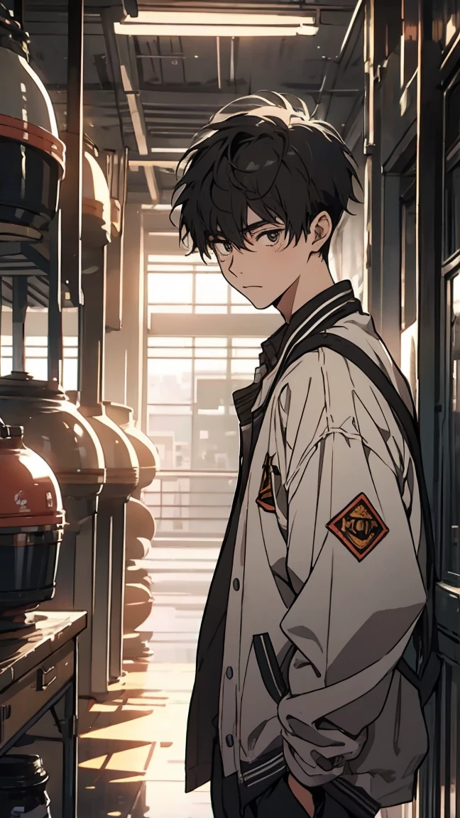Delinquent, high school student, young man, sharp eyes, wearing a jacket, short hair, short hair, two-block hair, dyed hair,