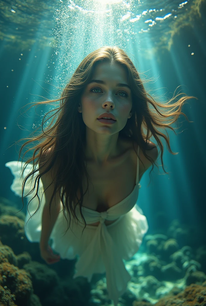 A beautiful girl with long flowing hair, underwater, serene expression, detailed facial features, coral reef background, shimmering light, vibrant colors, ethereal, magical realism, (best quality,4k,8k,highres,masterpiece:1.2),ultra-detailed,(realistic,photorealistic,photo-realistic:1.37),cinematic lighting,volumetric fog,dramatic atmosphere